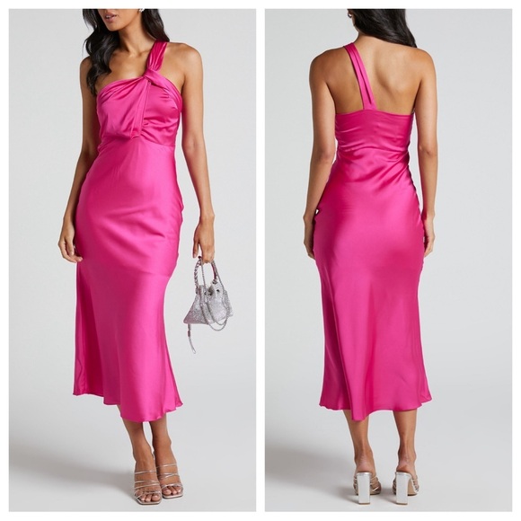 NWT Showpo. hot pink magenta fuchsia Carmella midi dress one-shoulder twist 10 - Picture 4 of 16